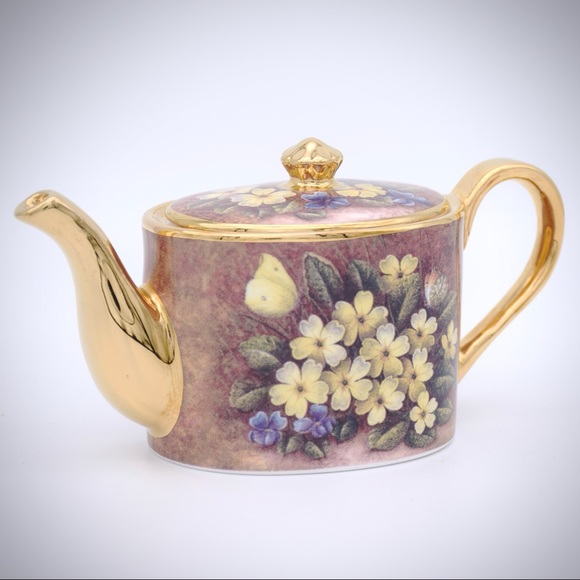 Ayshford Other - Ayshford Miniature Primroses Violets Teapot Bone China Gold Trim Staffordshire